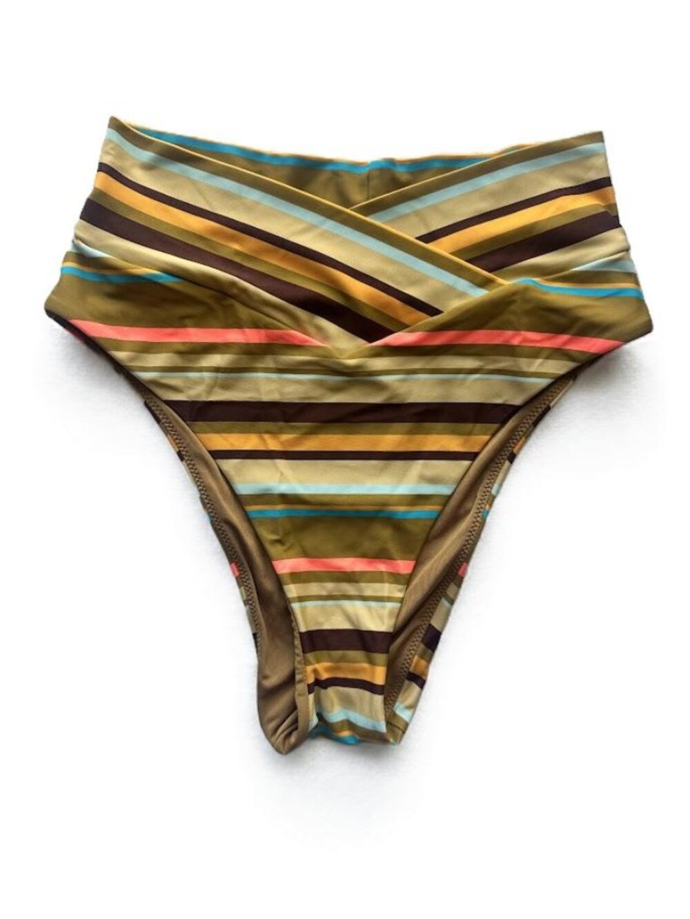 Aerie High Cut Cheeky Bikini Bottoms Striped Brown Yellow Blue Swimwear S